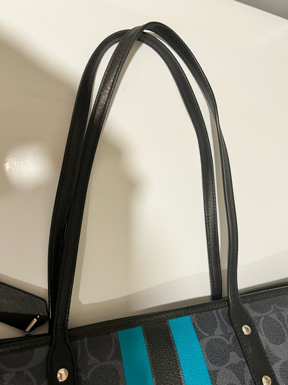 Coach Navy Signature Tote with Teal and Black Racing Stripes - Picture 13 of 15
